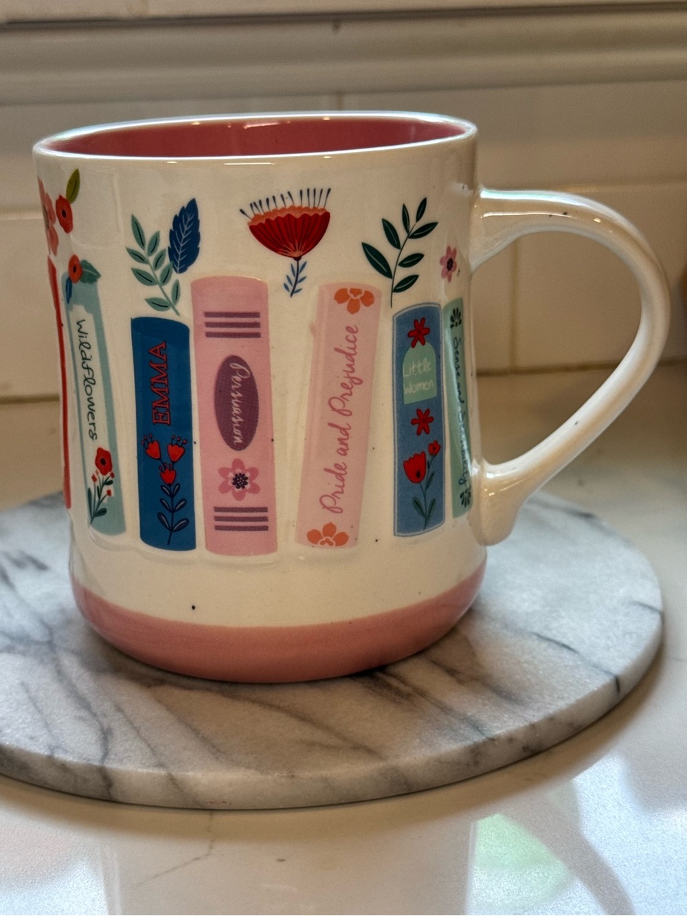 Mellow & Mod Bookish Mug Jane Austen Emma Pride & Prejudice Little Women Pink